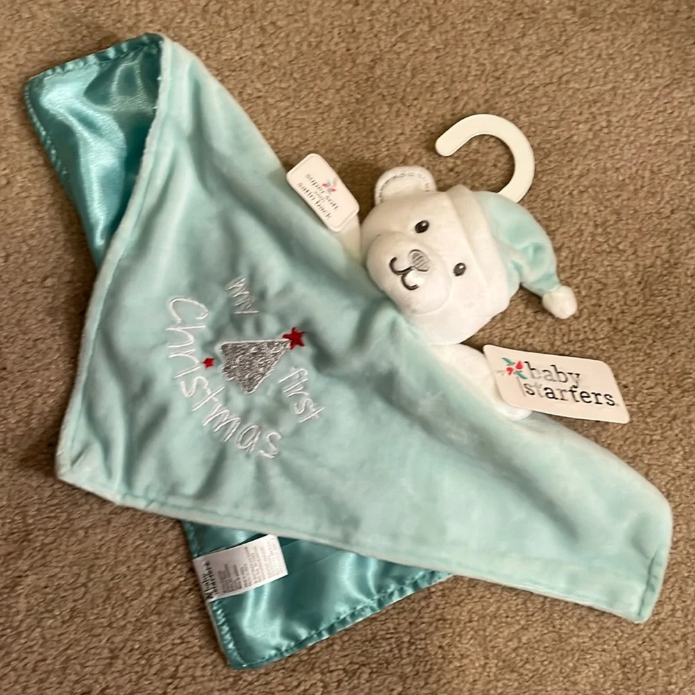 NWT Baby Starters Lovey Security Plush White Bear w/Santa Hat My First Christmas
